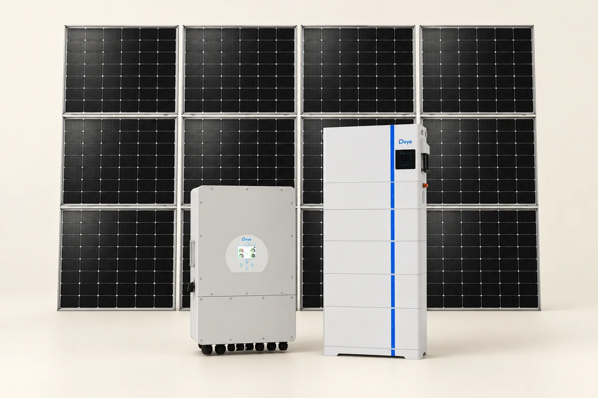 Large Property Power equipment: twelve solar panels, one hybrid inverter and one home battery