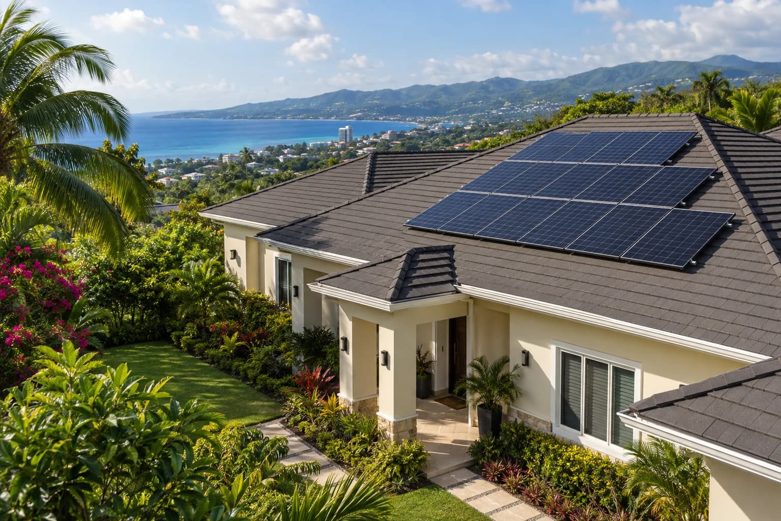 Solar array on a Jamaican villa roof